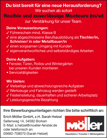 Wir suchen ab sofort flexible und zuverlässige Monteure (m/w) zur Verstärkung für unser Team.